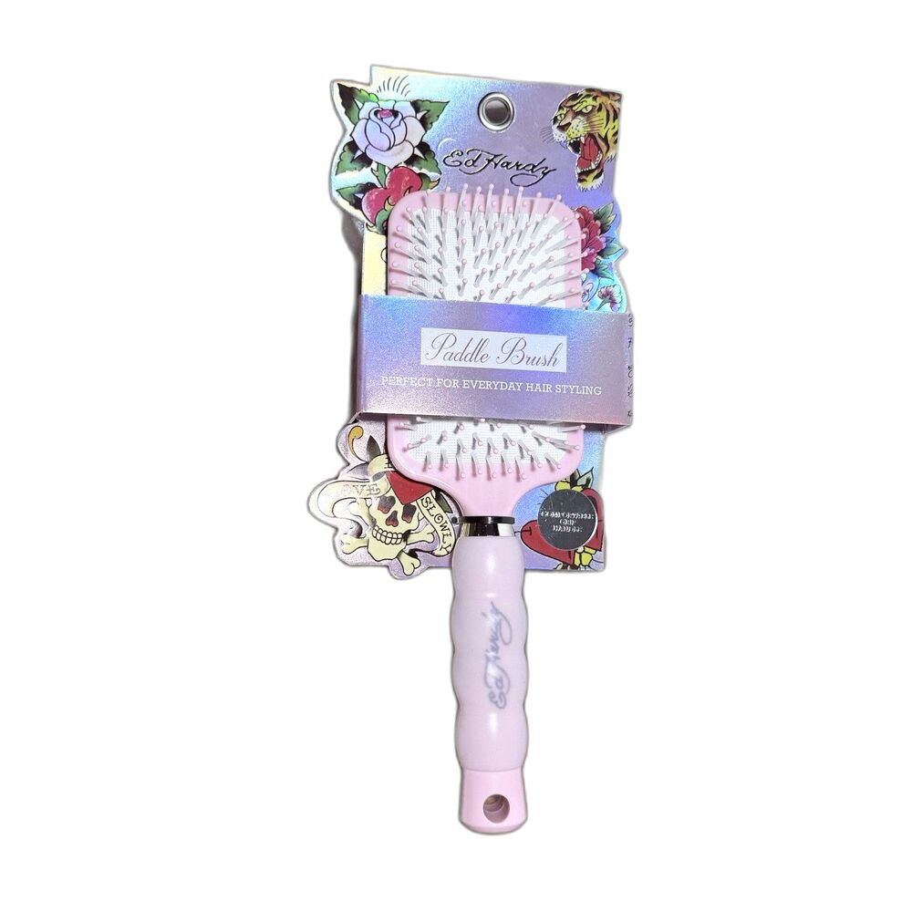 Ed Hardy Pink Paddle Detangler Hair Brush Comfortable Grip Handle NEW in Box